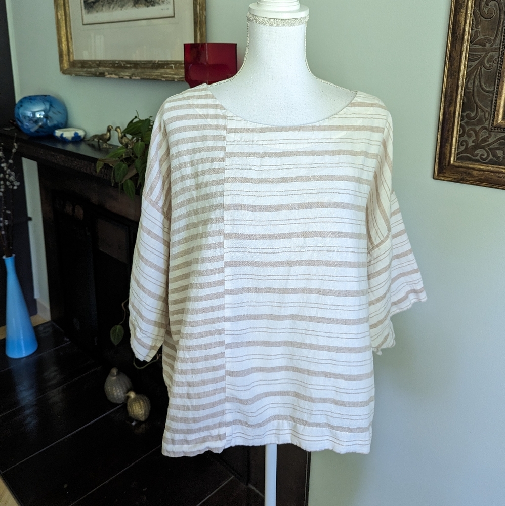 Pure J.Jill Linen Boxy Oversized Lagenlook Ivory Beige Stripe Top Petite LG 114